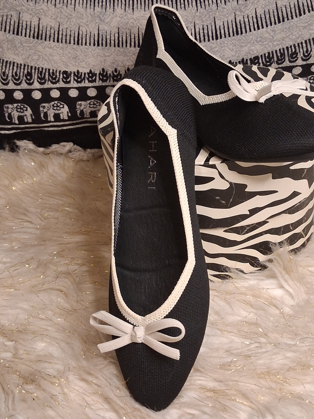 Tahari Black Flats with Cream Trim and Bow